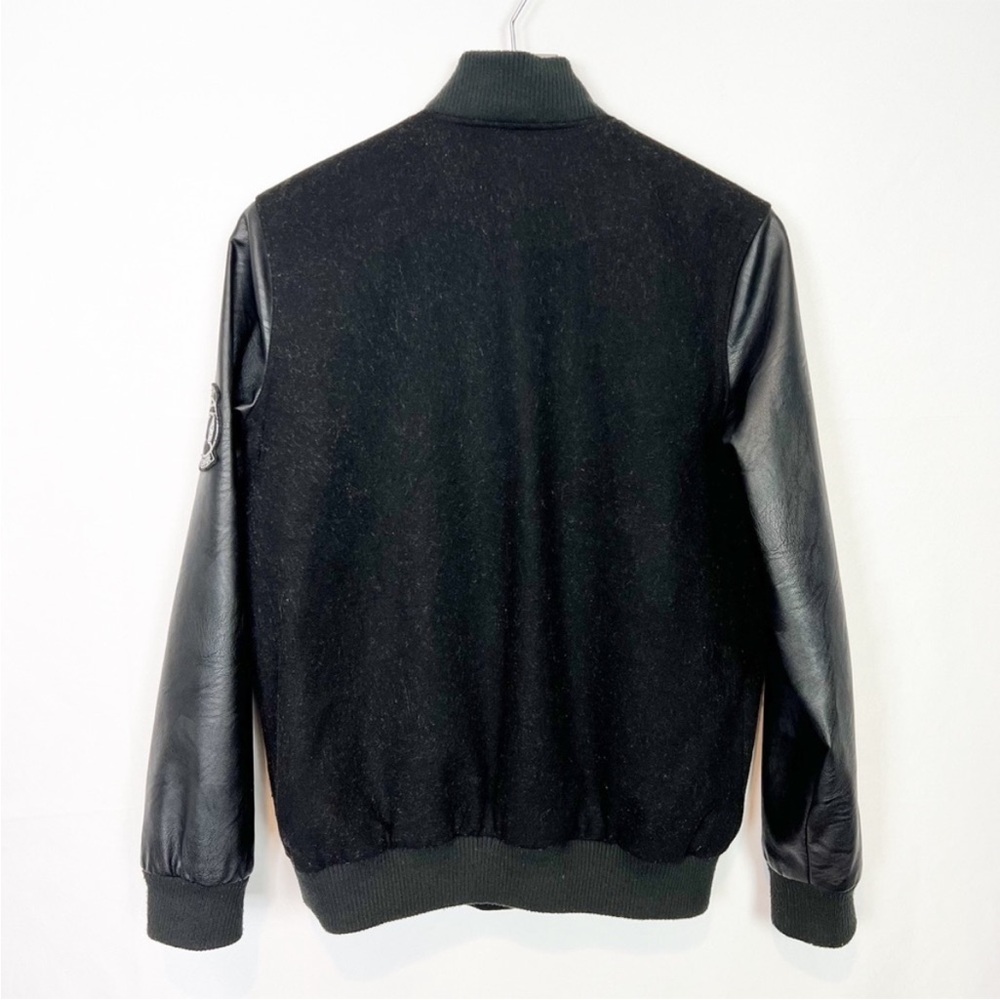 Obey black faux leather sleeves Embroidered Patch bomber jacket S - Picture 7 of 9